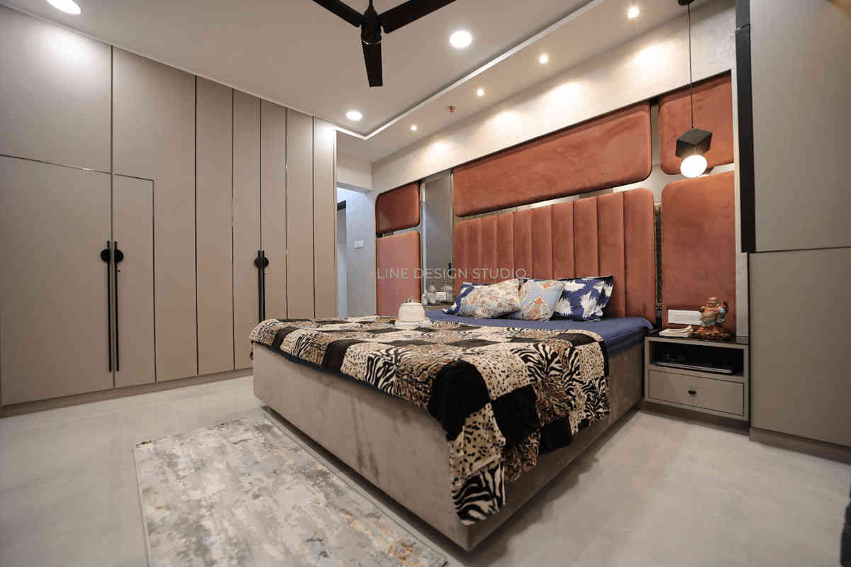 An Off-White And Grey Master Bedroom With Unique Wardrobe
