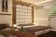 Contemporary Bedroom Design With Wooden Interiors And Bed With Oversize Headboard