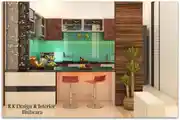 Contemporary Caruba Green Shade Small Modular Kitchen Design With Dining Table And Chair