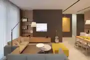 Modern Living Room Design With Beige Sofa And Yellow Shaded Couch