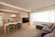 Contemporary Beige Living Room Design With Dining Table
