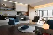 Modern Living Room Design With Blue And Beige Chairs