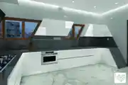 Contemporary L-Shaped Modular Kitchen Design With Grey And White Galaxy Granite