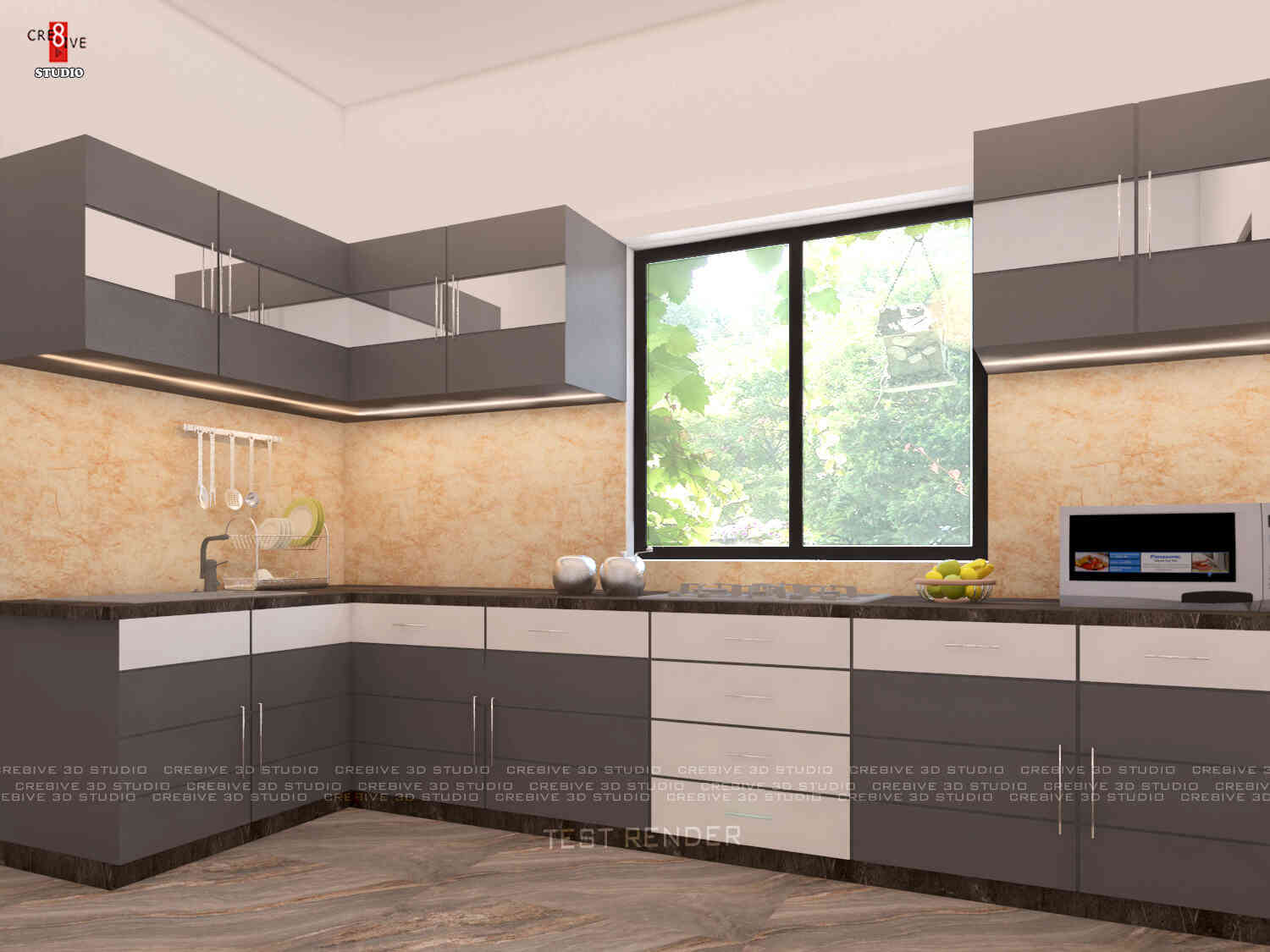 Modern Light Grey And White Modular L-Shaped Kitchen Design With Marble Wall