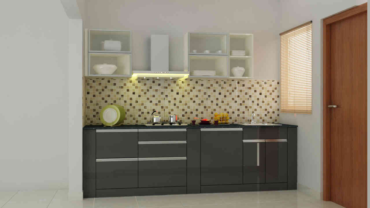 Modern Grey And White Modular Kitchen Design With Diamond Shaped Backsplash