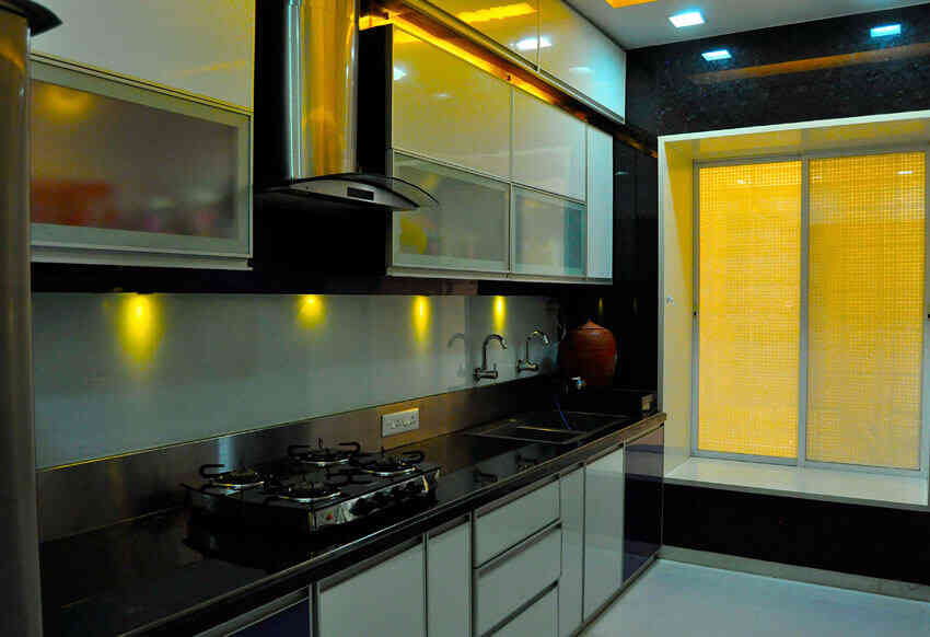 Modern Modular Black And Yellow Kitchen Design With Moroccan Backsplash