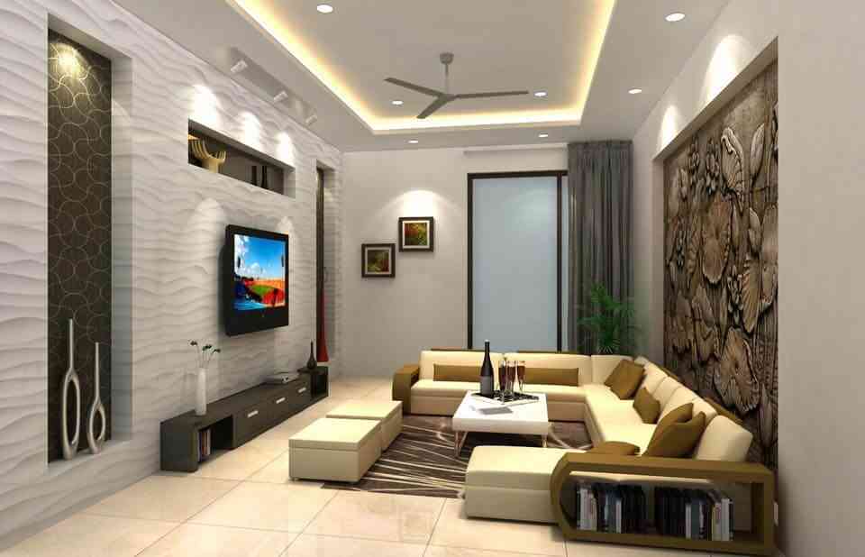 Western Living Room Design With Off-White Textured TV Console