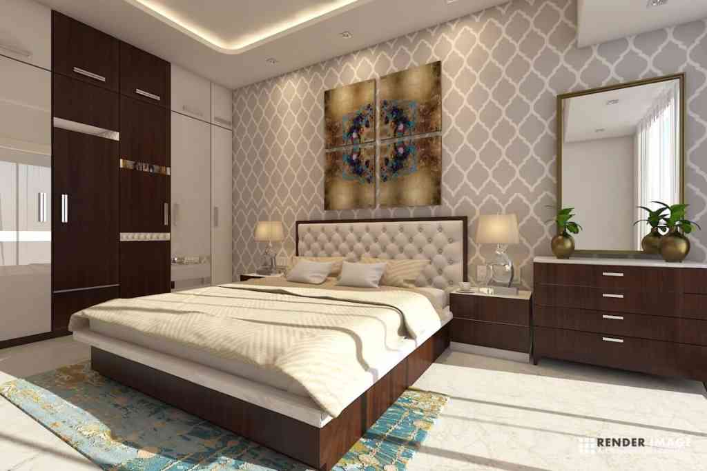Modern Bedroom Interior With Large Painting Above Bed Head 