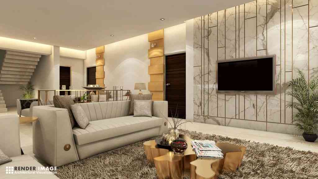 Contemporary Living Room Design With Grey Sofa And Textured Tv Unit