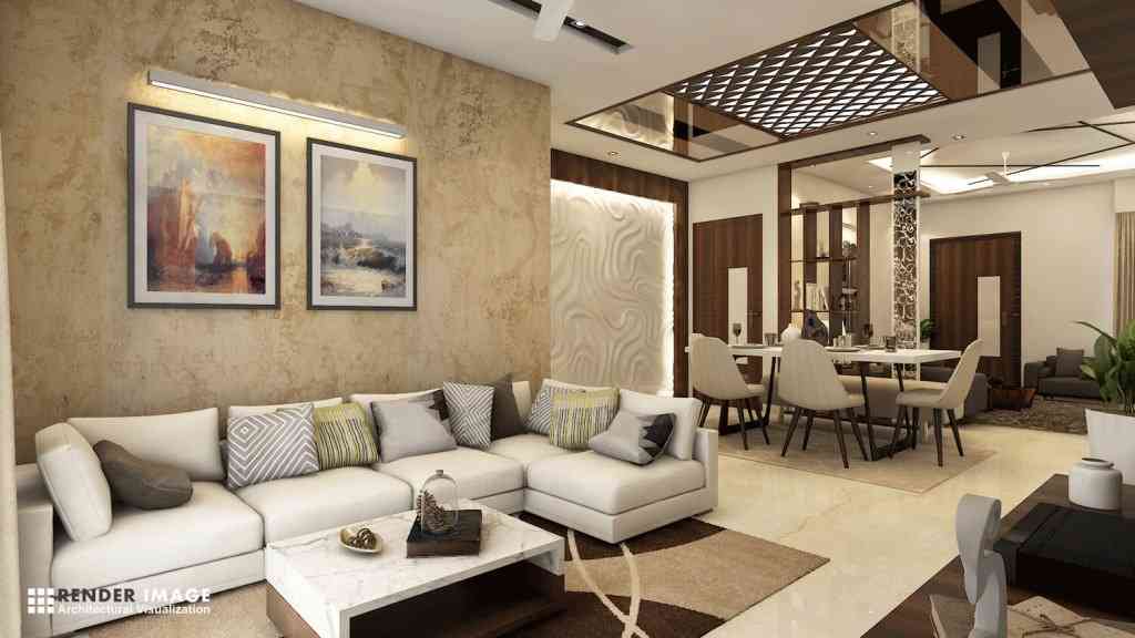 Modern Living Room Design With Beige L-Shaped Sofa And Coffee Table