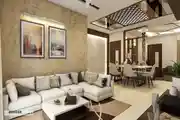 Modern Living Room Design With Beige L-Shaped Sofa And Coffee Table