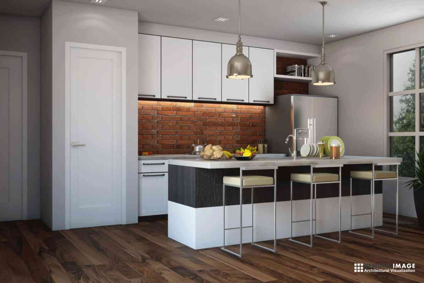 Contemporary Open Kitchen Design With A Black And White Wooden Countertop