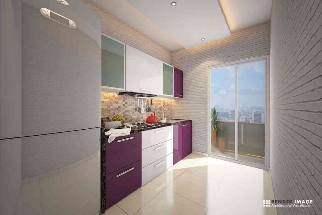Contemporary Lilac And Off White Open Kitchen Design With Glass Window