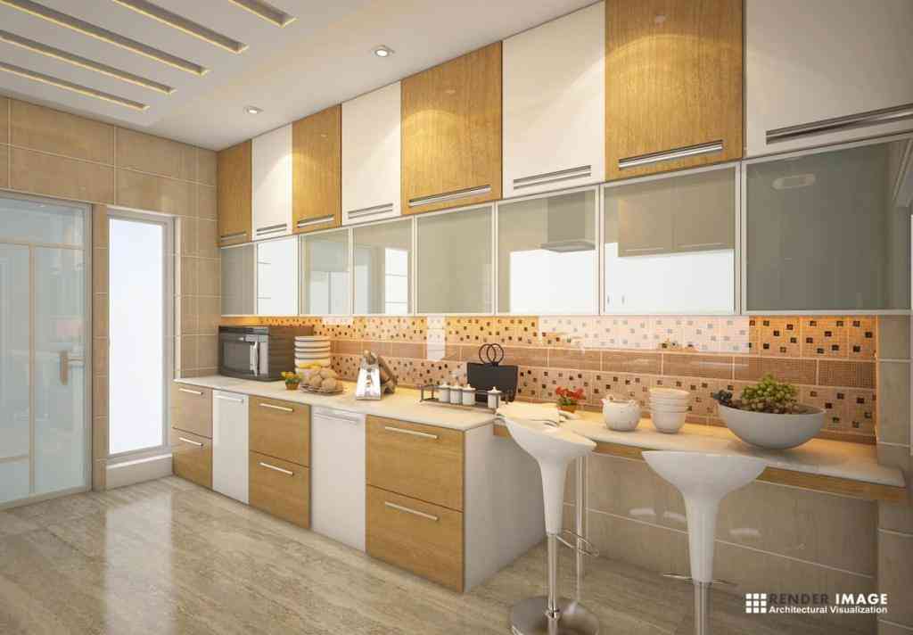 Modern Modular Kitchen Design With Yellow And White Kitchen Cabinets