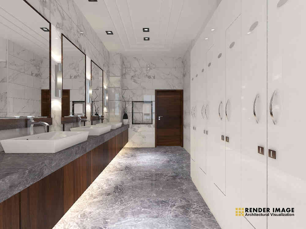 Hotel Bathroom Design Featuring Floating Vanity and Cabinets