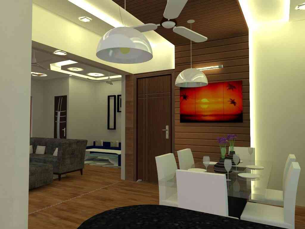 Living Area & Dining Room Design With Wooden Finish Paneling 