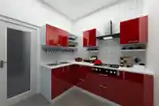 Modern L-Shape Kitchen Design with Cardinal Red Base Unit