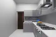 Modular Kitchen Design With Slate Grey Base and Glass Cabinets