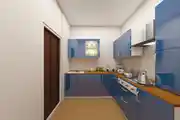 Modern Light Blue And Parallel Modular Kitchen Design With Wooden Backsplash 