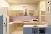 Modern U-Shaped Kitchen Design With Pink Backsplash Tiles And Yellow Cabinets