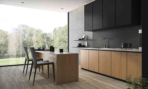 Contemporary Black And Tectona Wood Kitchen Design With Dining Table