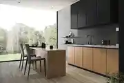 Contemporary Black And Tectona Wood Kitchen Design With Dining Table
