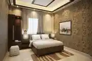 Modern Bedroom Design With Grey And Gold Damask Wallpaper