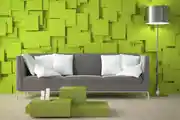 Grey Sofa with White Cushion infront of Light Green 3D Wall
