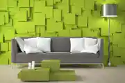 Grey Sofa with White Cushion infront of Light Green 3D Wall