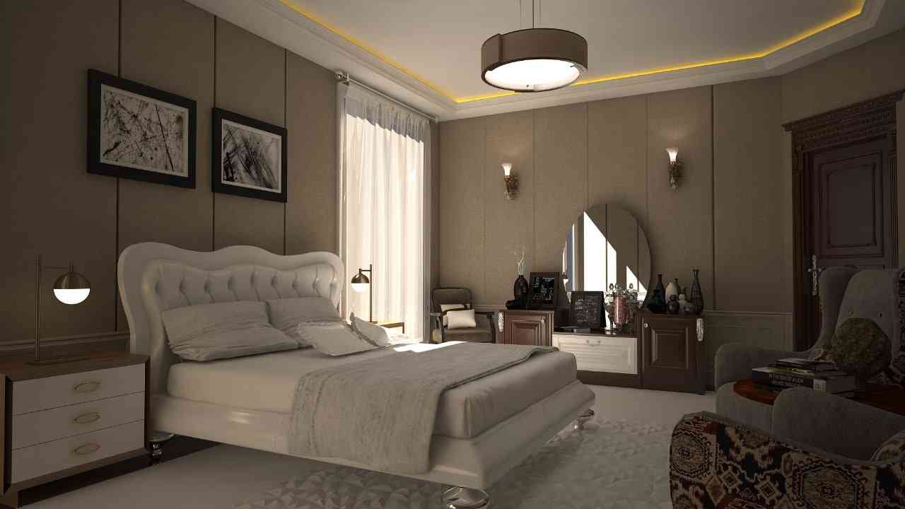 Modern Bedroom Design With A Fabric Cushioned Bed And Wall Mirror
