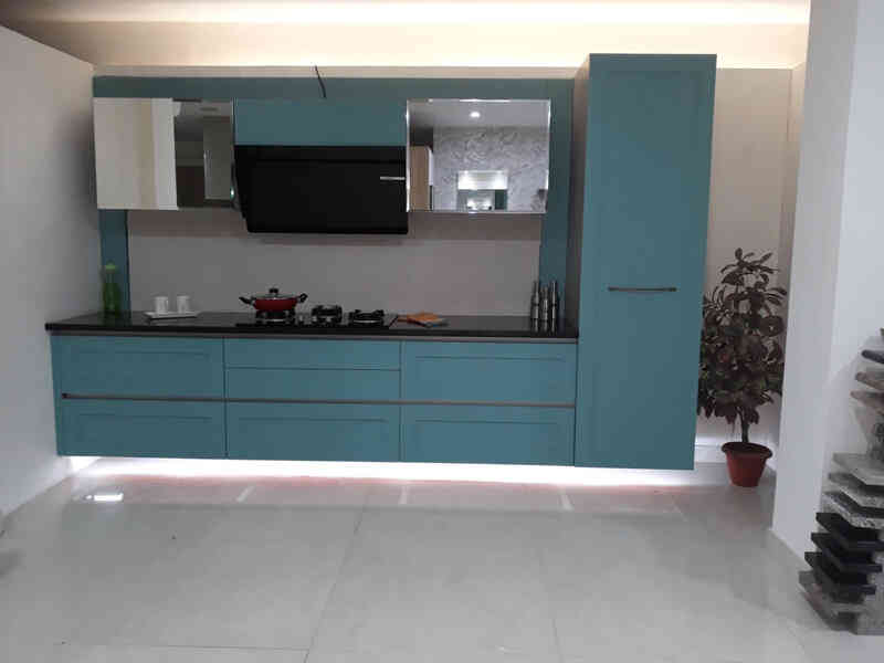 Modern Kitchen Design With Glossy Blue Cabinets