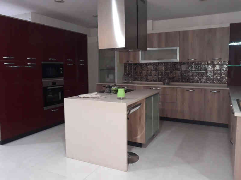 Contemporary U-Shaped Modular Kitchen Design With Patterned Moroccan Dado Tiles