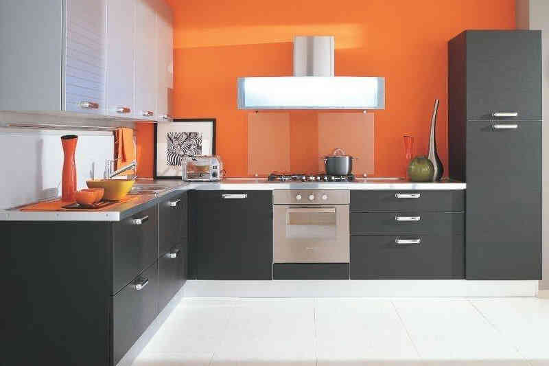 Modern L-Shaped Kitchen Design With Orange And Grey Storage Units