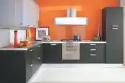 Modern L-Shaped Kitchen Design With Orange And Grey Storage Units