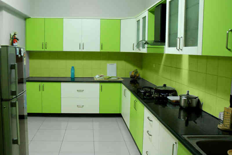 Modern L-Shape Modular Kitchen Design In Green And Off-White