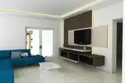 Contemporary Living Room Design With Blue Loveseat Sofa And A Off-White Textured TV Console