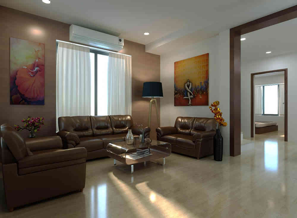 Contemporary Living Area Design With Brown Leather Sofa