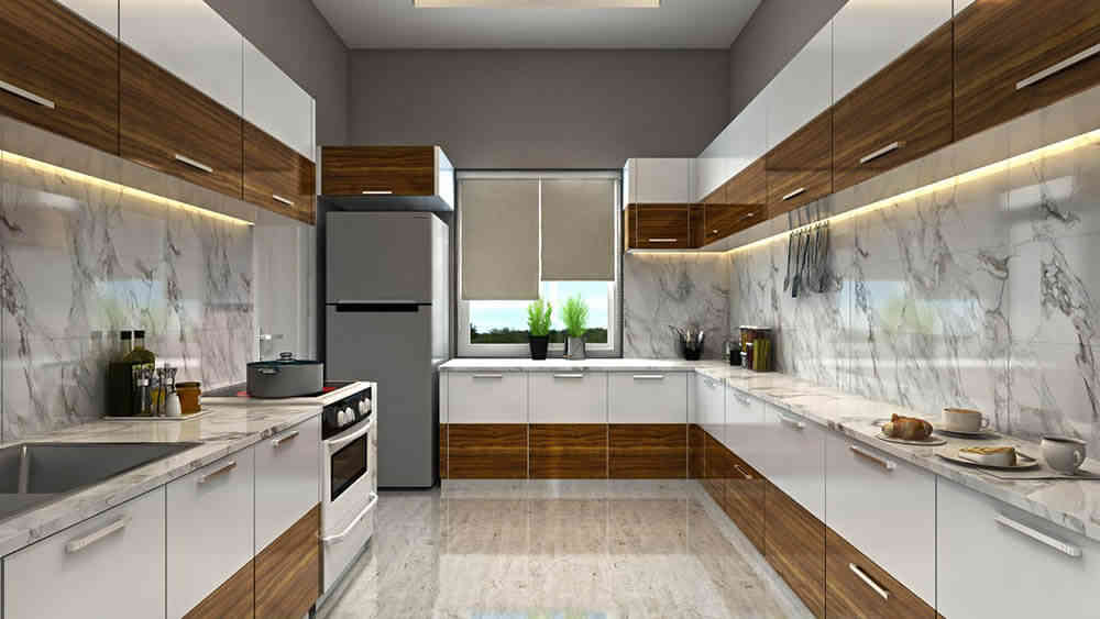 Contemporary Parallel Kitchen Design With Wooden Cabinets
