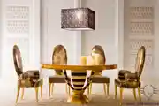 Modern Classic Marble Dining Room Design With Golden Legs And Buttoned Seater
