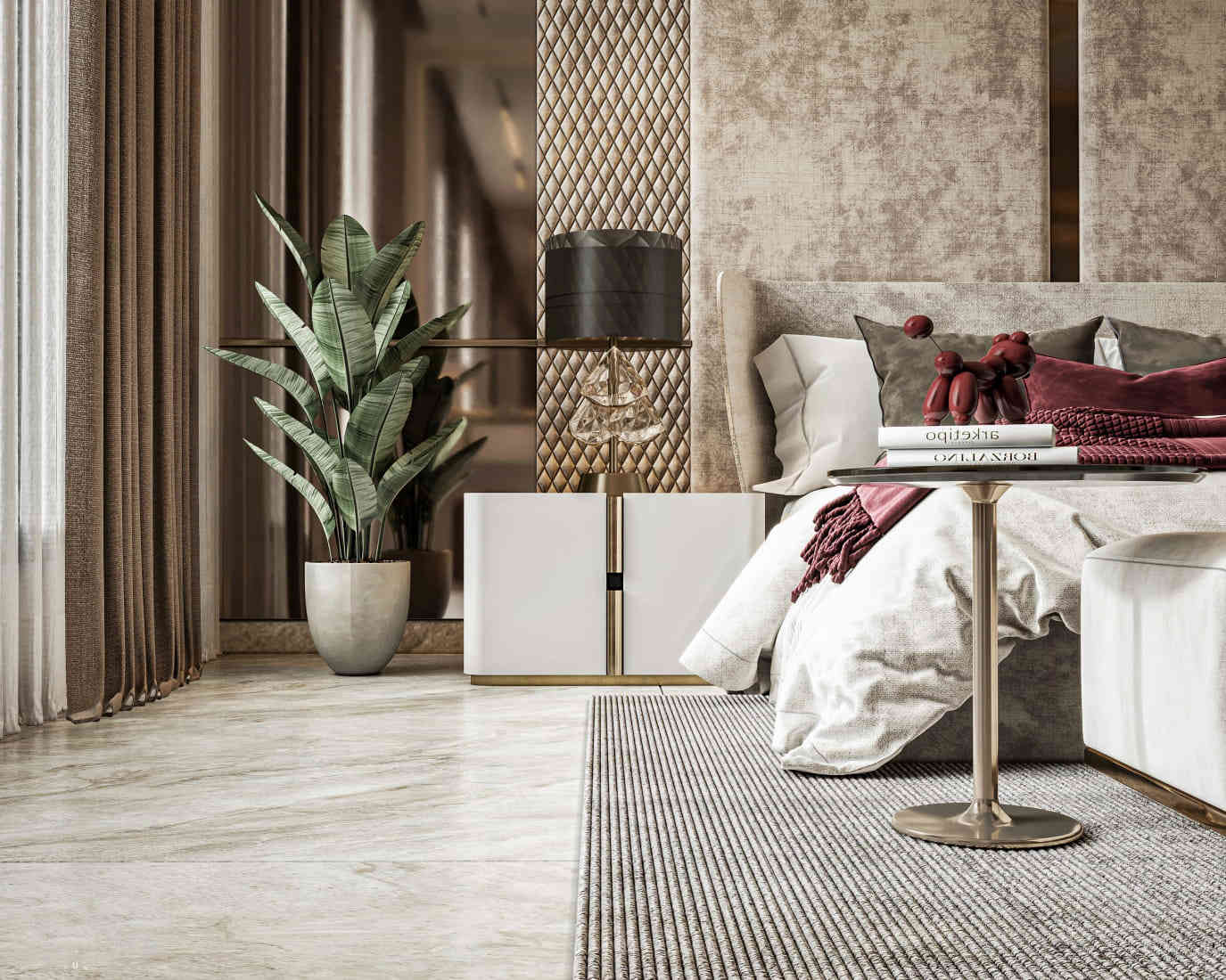 Elegant Bedroom Corner with Greenery and Sophisticated Decor Elements
