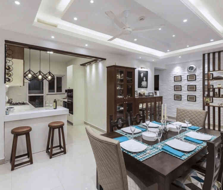 Classic All Brown 4-Seater Dining Room Design With Wooden False Ceiling