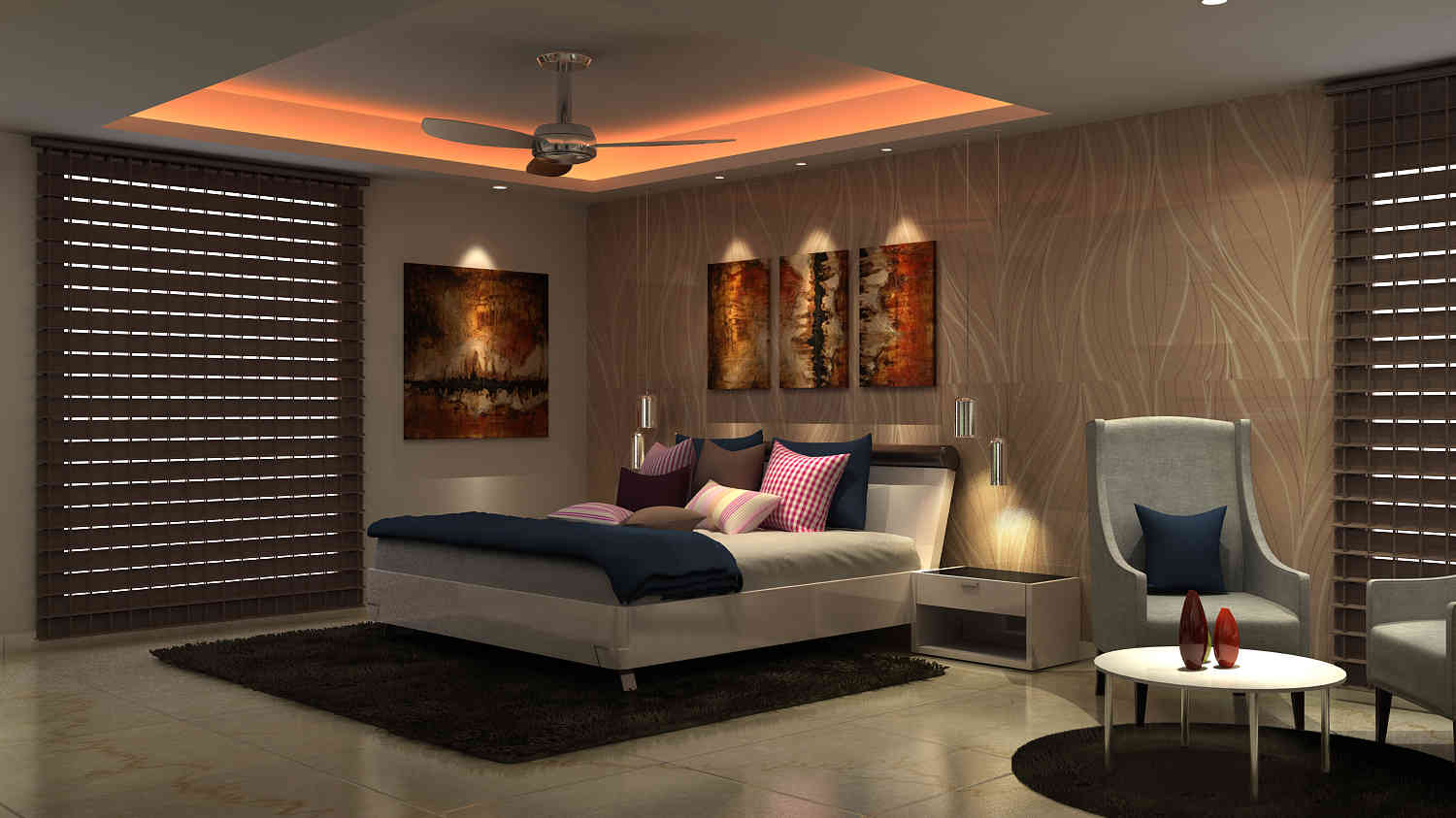 Grey Themed Modern Master Bedroom Design With False Ceiling