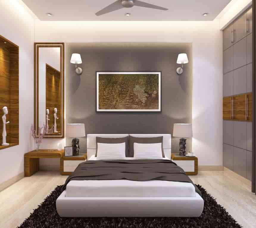 Modern White And Grey Master Bedroom Design With Gold Floral Wall Decor