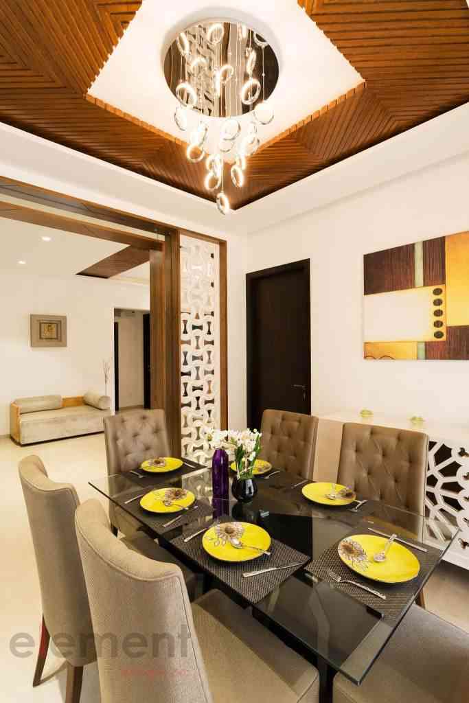 Modern 6-Seater Wooden Dining Room Design With Patterned High Chairs And Wooden False Ceiling