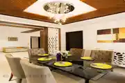 Modern 6-Seater Wooden Dining Room Design With Patterned High Chairs And Wooden False Ceiling