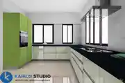 Modern L-Shape Kitchen Design With Green Wardrobe And White Cabinets