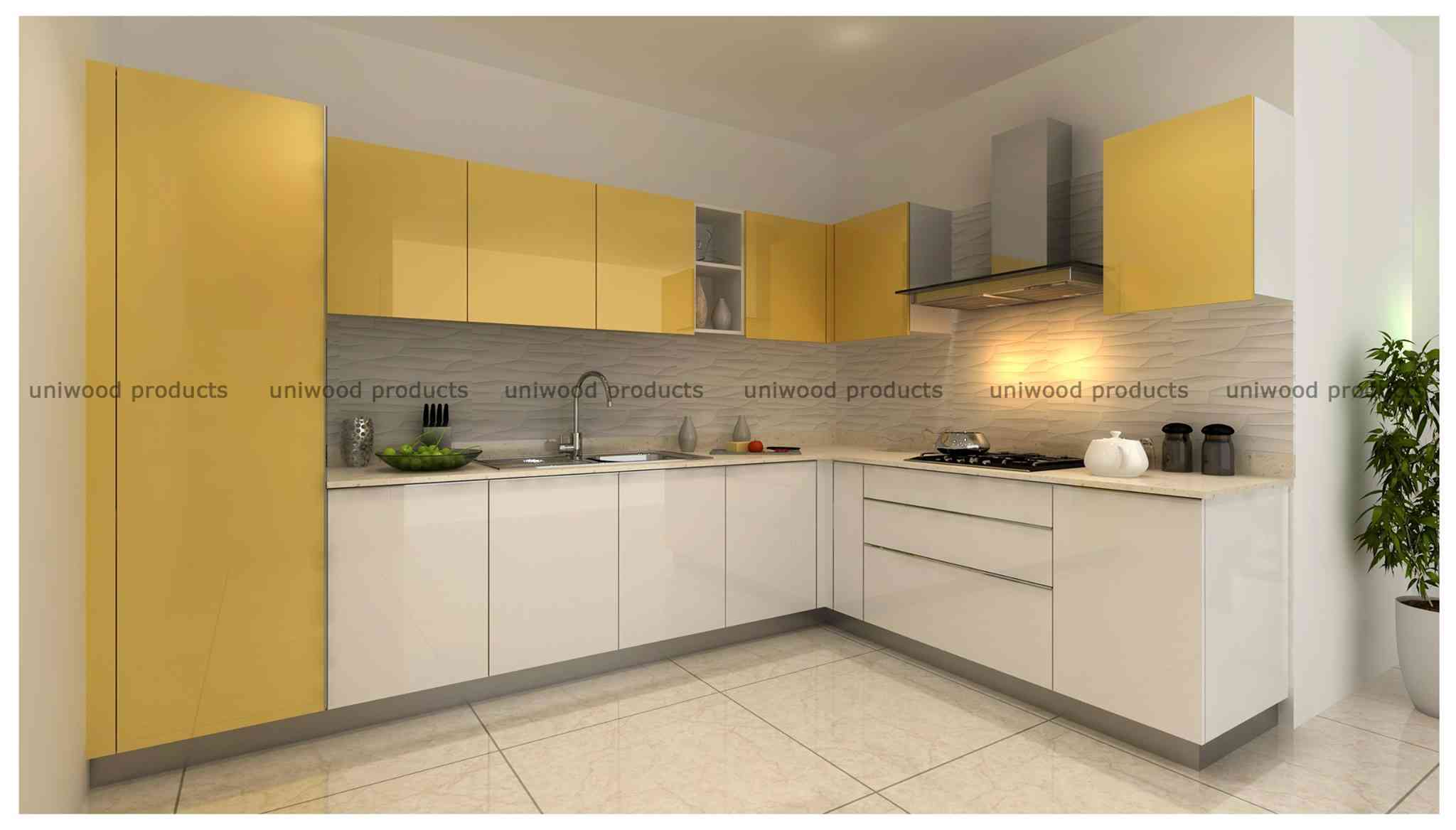 Modular L-Shaped Kitchen With Yellow and Off-White Cabinets