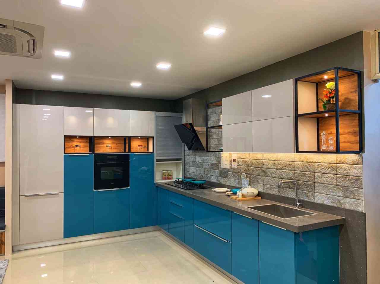 Modular L-Shaped Kitchen Design With Blue And White Cabinets