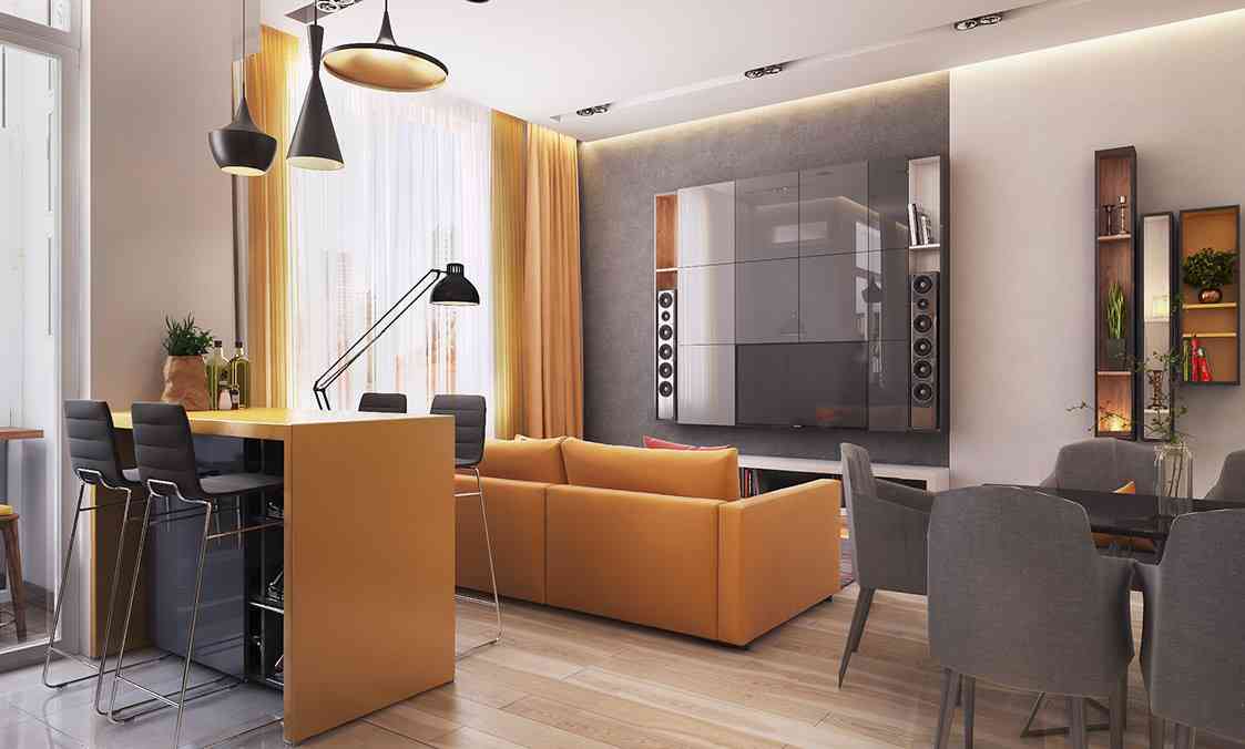 Contemporary Living Room Design With Yellow And Grey Sofa