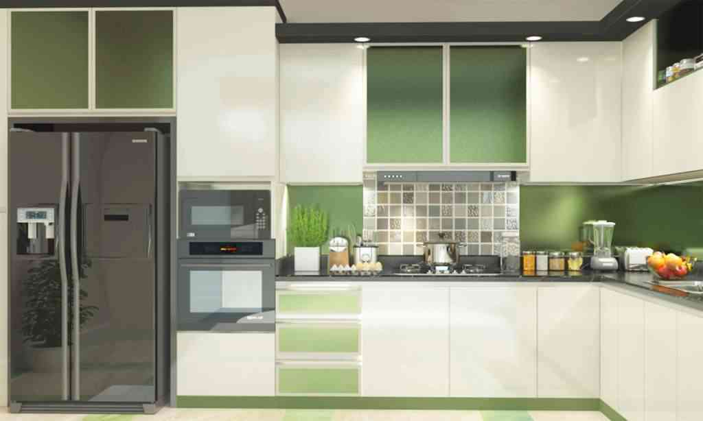 Open Modular Kitchen With Green White Cabinets